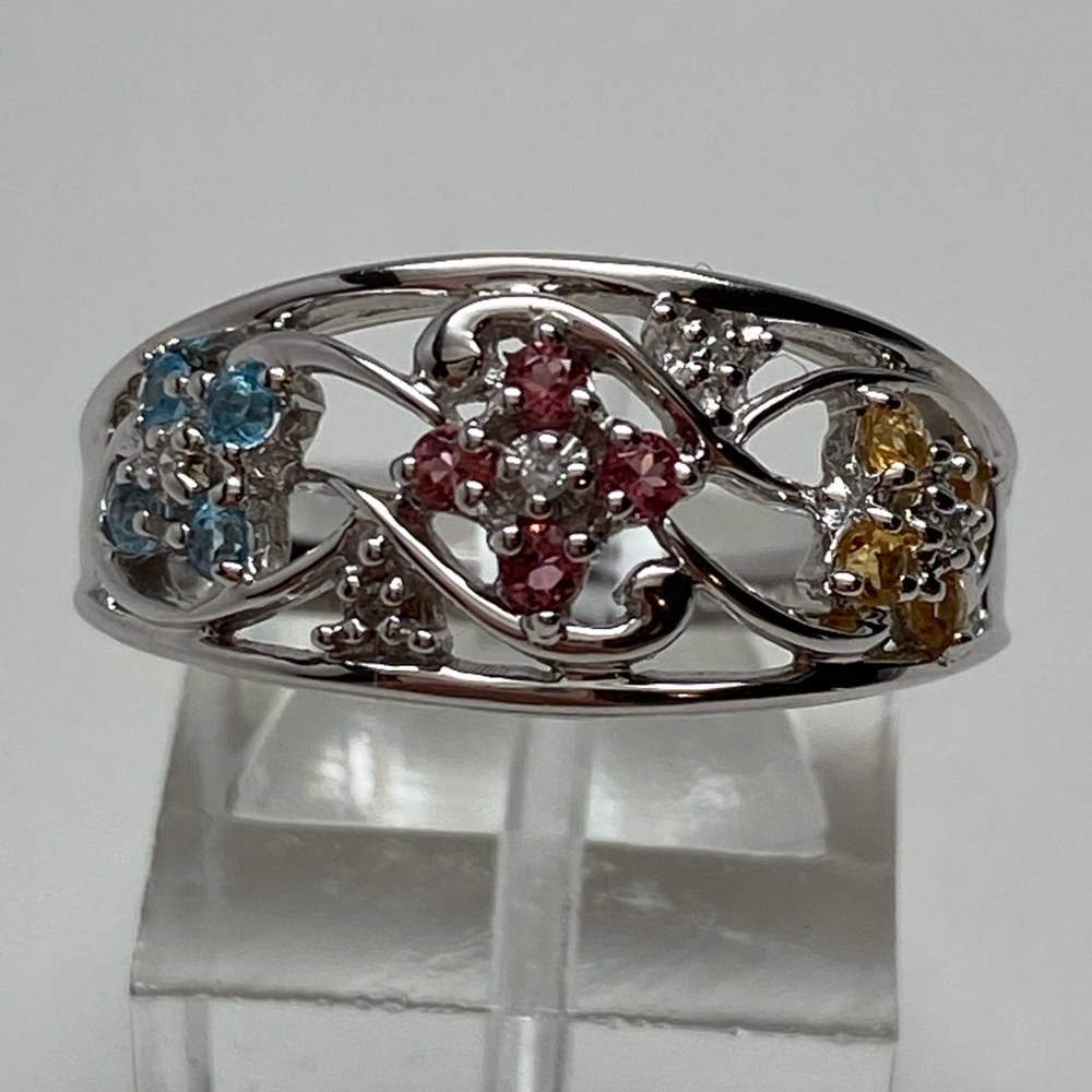10K White Gold Blue Pink and Yellow Topaz Diamond Flower and Vine Ring Sz 8 New